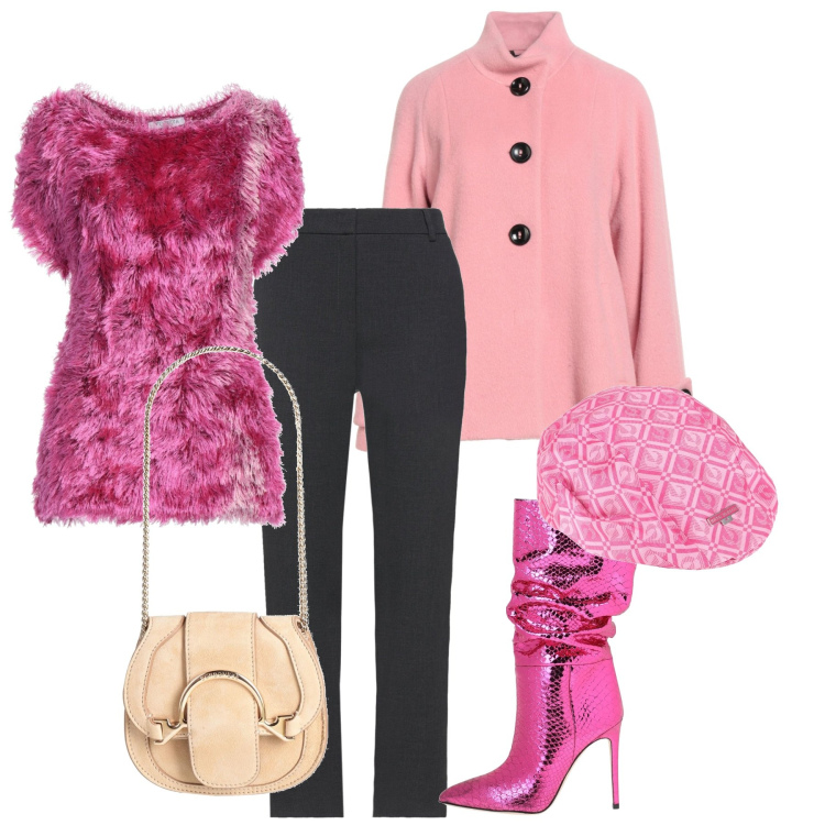 Outfit donna - Serata rosa shocking. Stile Chic per Serata fuori. Abbinamento con marsupi, pullovers, pantaloni, stivali, cappelli con visiera, cappotti.