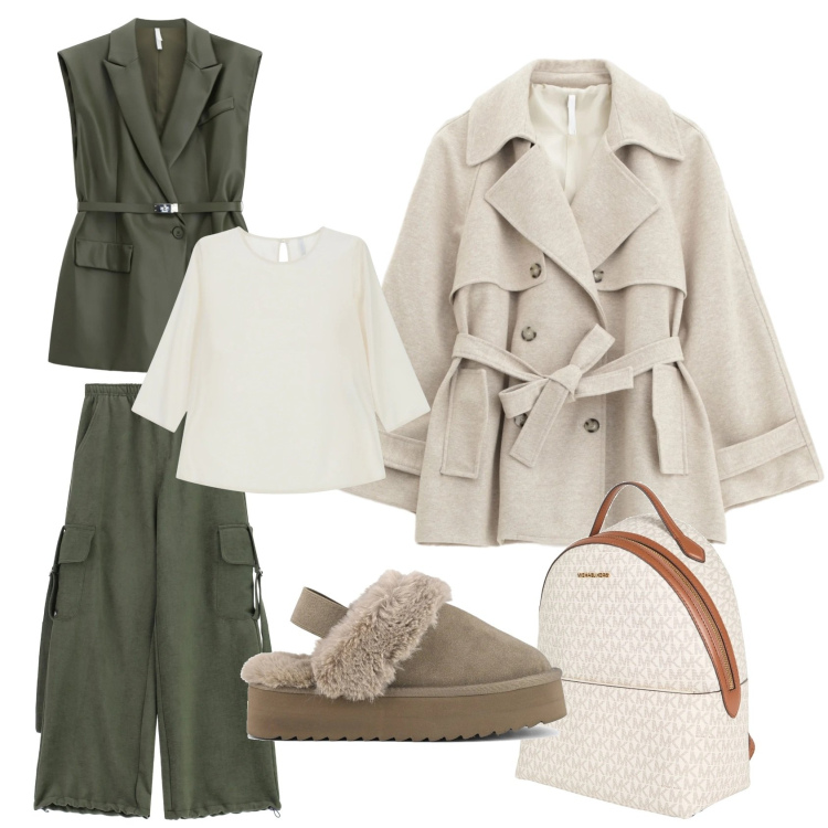 Outfit donna - Verde militare. Stile Casual chic per Tutti i giorni. Abbinamento con zaini, trench, bluse, gilet, pantaloni a palazzo, sabot.
