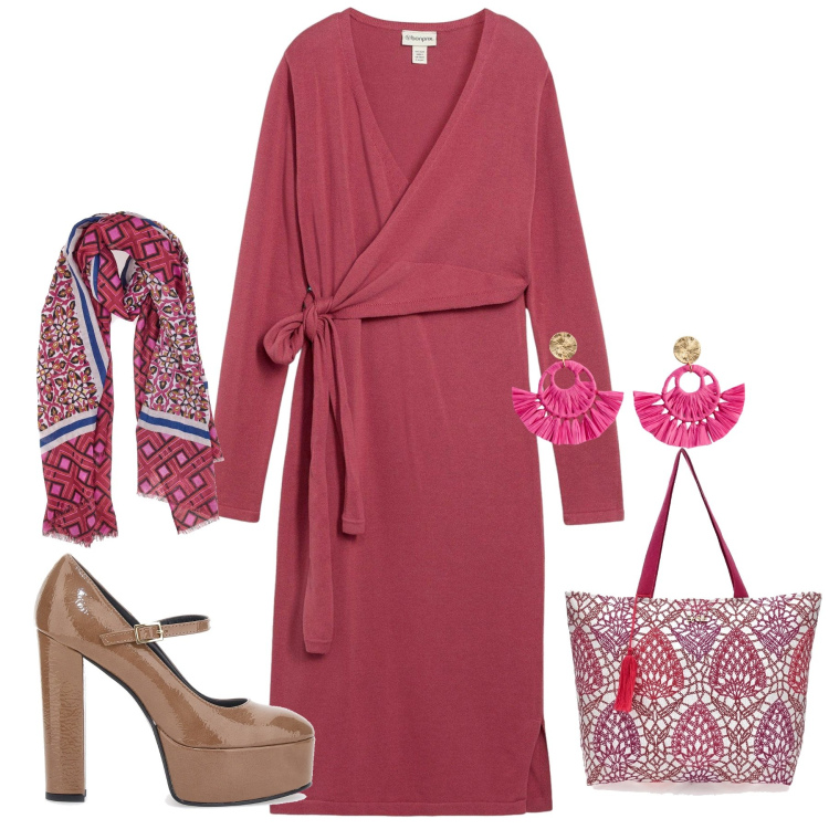 Outfit donna - Pink lipstick. Stile Bon Ton per Tutti i giorni. Abbinamento con vestiti, orecchini, shopping bag, foulard, scarpe col tacco.