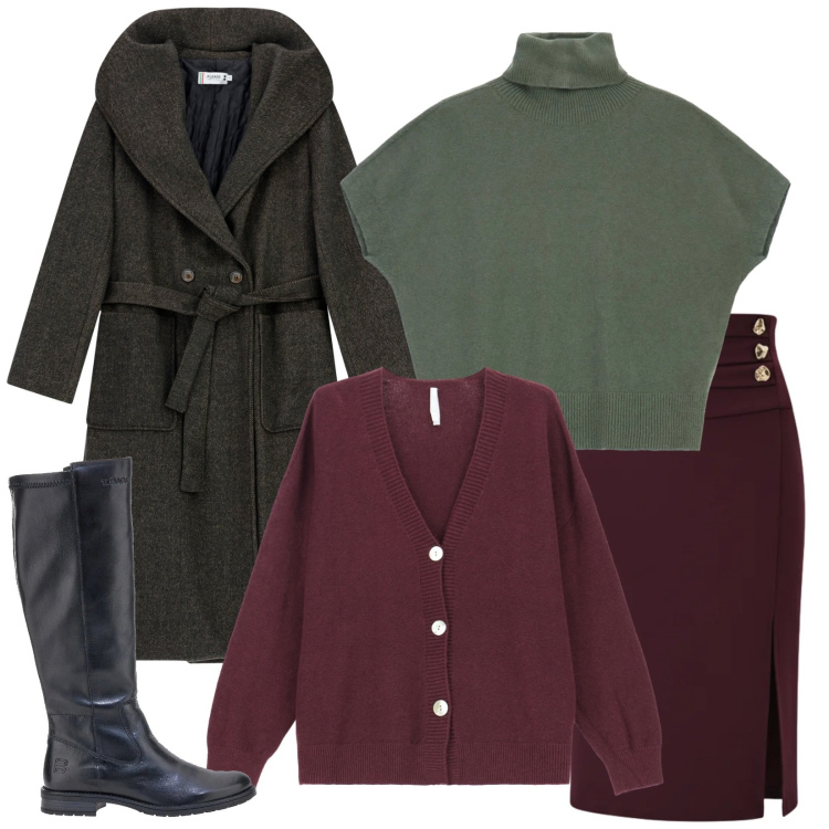 Outfit donna - Attrezzata per il freddo. Stile Urban per Ufficio. Abbinamento con cappotti, maglieria, cardigans, gonne longuette, stivali sopra il ginocchio.