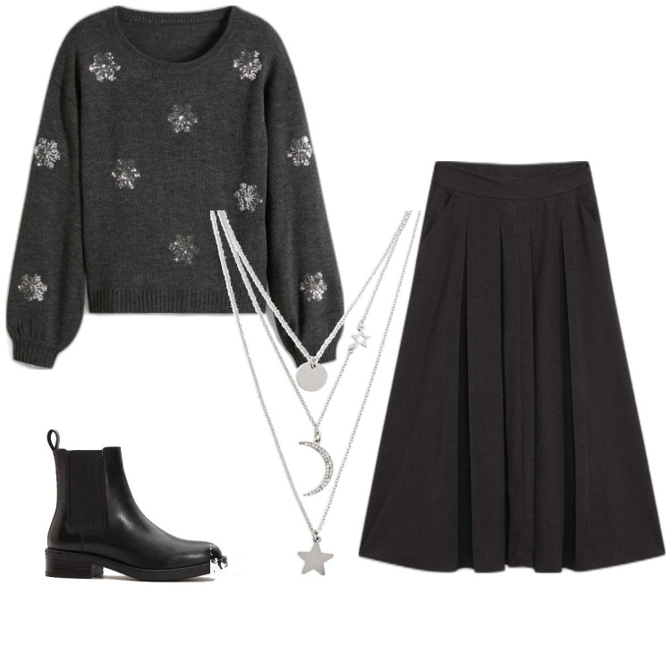 Outfit femme - Basique #341. Style Basique pour Bureau. Assortir avec colliers, jupes au genou, boots, pulls.