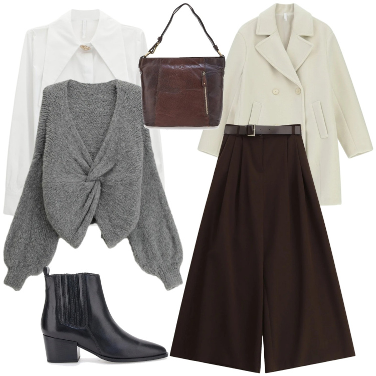 Outfit donna - Outfit gennaio. Stile Casual per Tutti i giorni. Abbinamento con cardigans, camicie, cappotti, pantaloni a palazzo, stivaletti chelsea, borse a spalla.