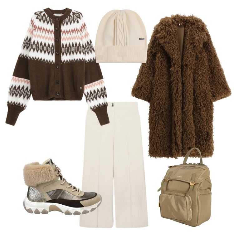 Outfit donna - Ma che freddo fa. Stile Trendy per Ufficio. Abbinamento con zaini, cardigans, cappotti, berretti, pantaloni chino, anfibi.