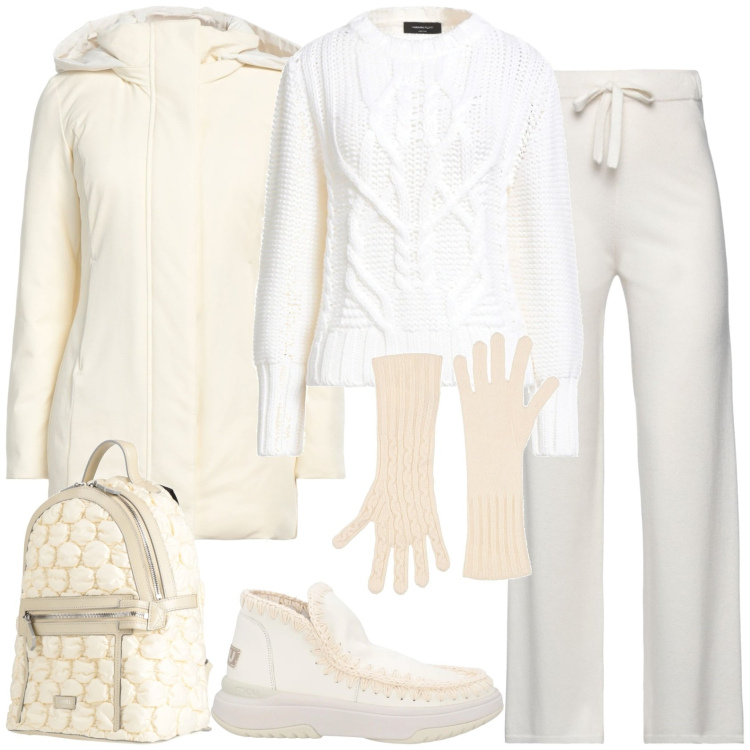 Outfit donna - Nordico total white. Stile Sporty chic per Tutti i giorni. Abbinamento con stivaletti, pantaloni sportivi, zaini, pullovers, guanti, parka.