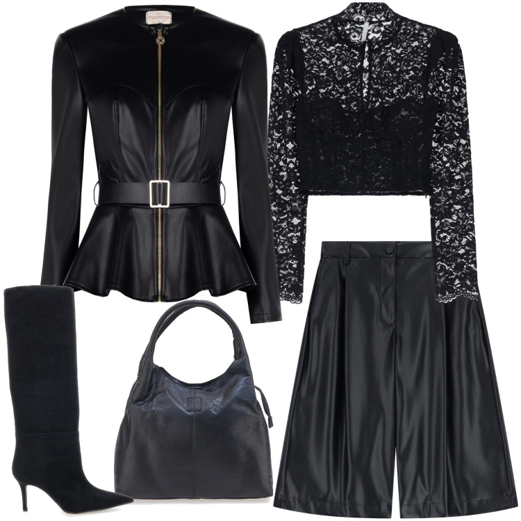 Outfit donna - Stivali alti e total black. Stile Trendy per Serata fuori. Abbinamento con bermuda, bluse, giacche, stivali, borse a mano.
