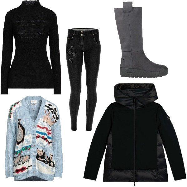 Outfit donna - Total look #2323905. Stile Casual per Tutti i giorni. Abbinamento con cardigans, maglieria, stivali da neve, jeans skinny, piumini.
