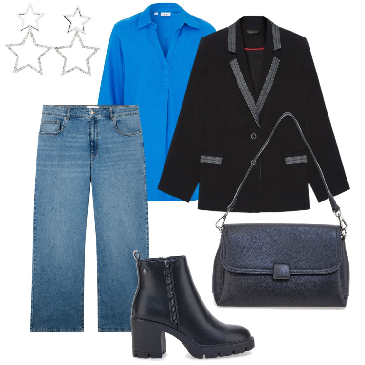 Outfit donna - Star curvy. per Tutti i giorni. Abbinamento con bluse, jeans, orecchini, blazer, stivaletti, borse a spalla.