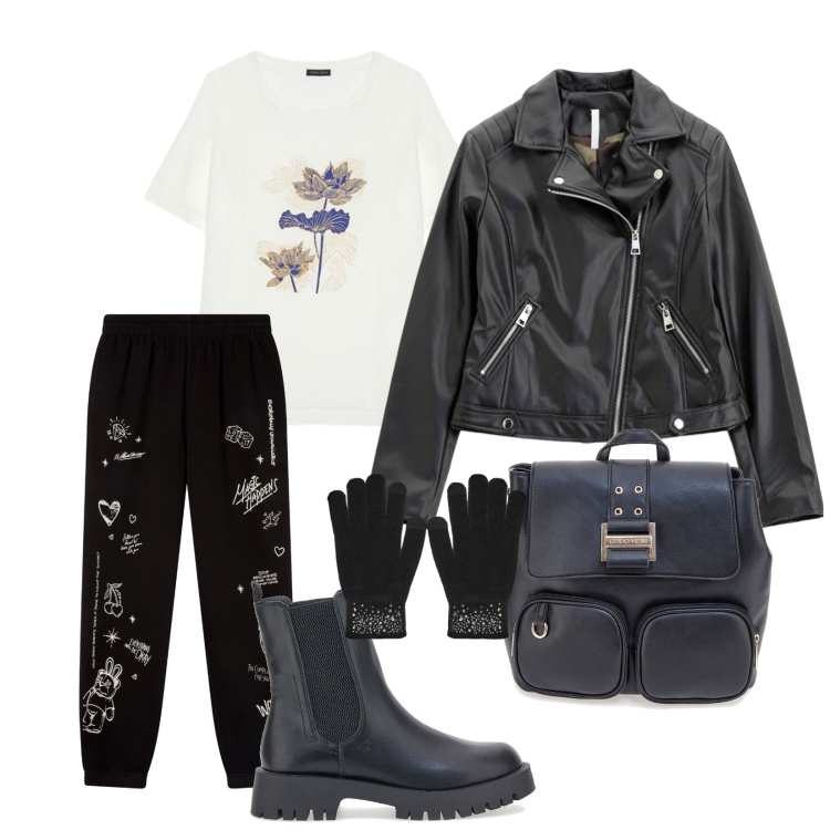 Outfit donna - In giro. per Tutti i giorni. Abbinamento con pantaloni, guanti, blazer, zaini, stivaletti chelsea, t-shirt.