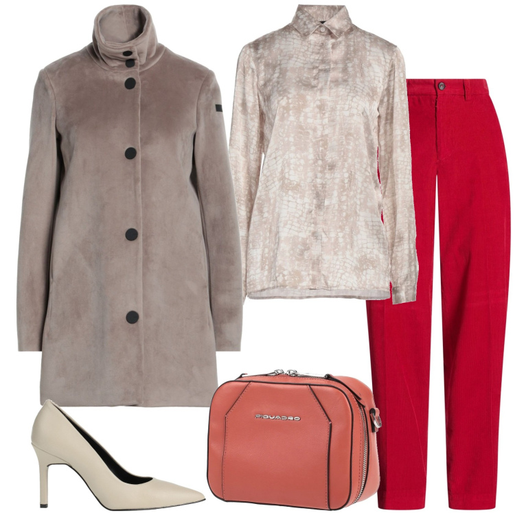 Outfit donna - I pantaloni rossi. Stile Casual chic per Serata fuori. Abbinamento con décolleté, marsupi, camicie, pantaloni, cappotti.