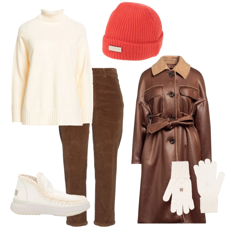 Outfit donna - Winter cold. Stile Casual per Scuola/Università. Abbinamento con pantaloni, cappotti, guanti, cappelli, maglieria, stivaletti.