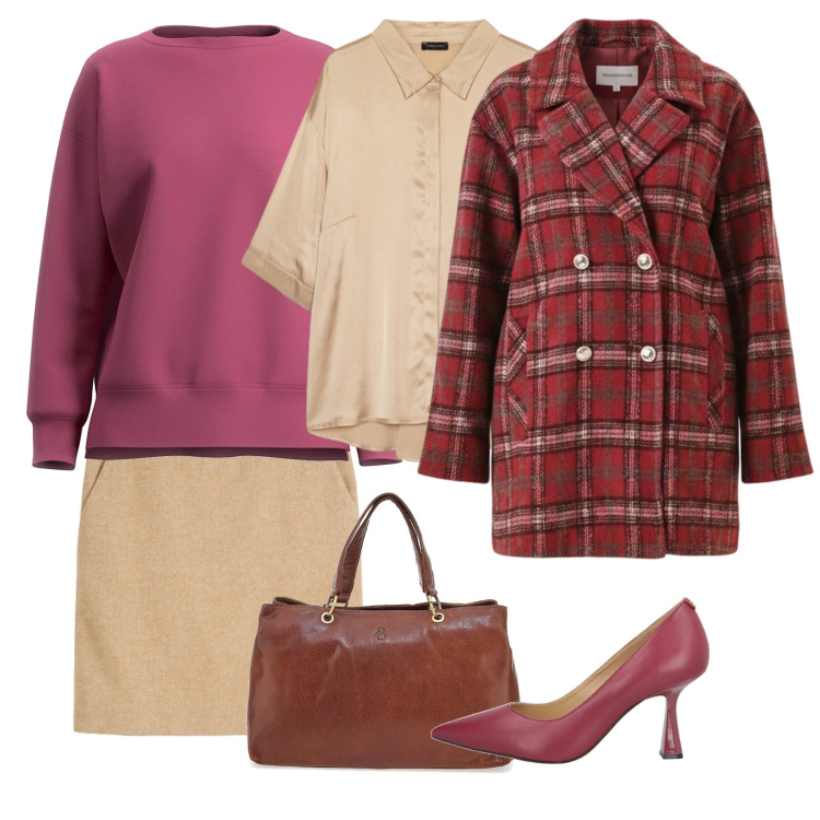 Outfit donna - Total look #2323921. Stile Casual chic per Ufficio. Abbinamento con gonne, décolleté, cappotti, felpe, camicie, borse a tracolla.