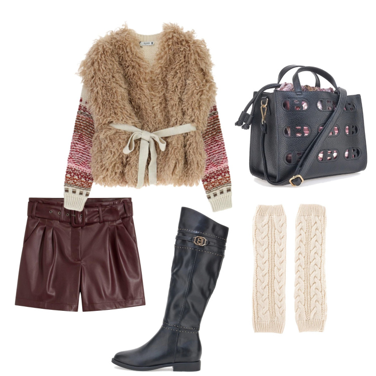 Outfit donna - Freddo fuori……. Stile Trendy per Scuola/Università. Abbinamento con shorts, calzini, maglieria, stivali sopra il ginocchio, borse a mano.