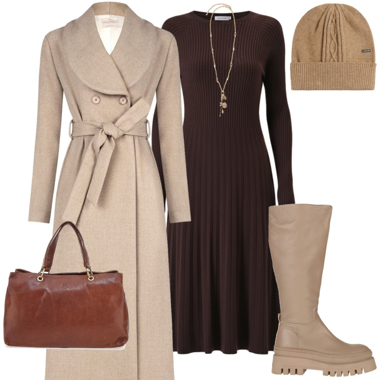 Outfit donna - Gennaio con gli stivali. Stile Casual chic per Tutti i giorni. Abbinamento con stivali, berretti, vestiti midi/longuette, cappotti, ciondoli, borse a tracolla.