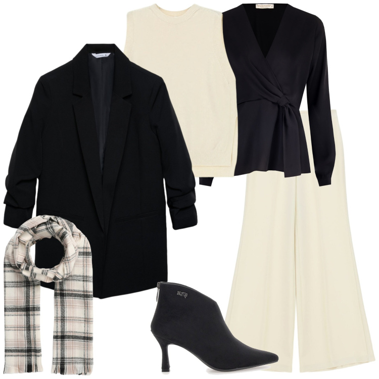 Outfit donna - Layering per giornate fredde. Stile Casual chic per Tutti i giorni. Abbinamento con blazer, sciarpe, pantaloni a palazzo, gilet, bluse, stivaletti.