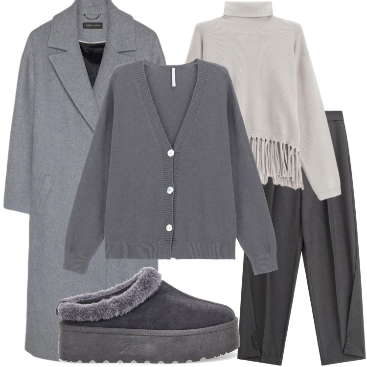 Outfit donna - Layering per giornate fredde. Stile Casual chic per Ufficio. Abbinamento con maglieria, cardigans, pantaloni, cappotti, pantofole.