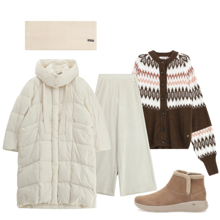 Outfit donna - Calda con il maxi piumino bianco. Stile Minimal per Tutti i giorni. Abbinamento con cardigans, piumini, pantaloni a palazzo, accessori per capelli, stivaletti.