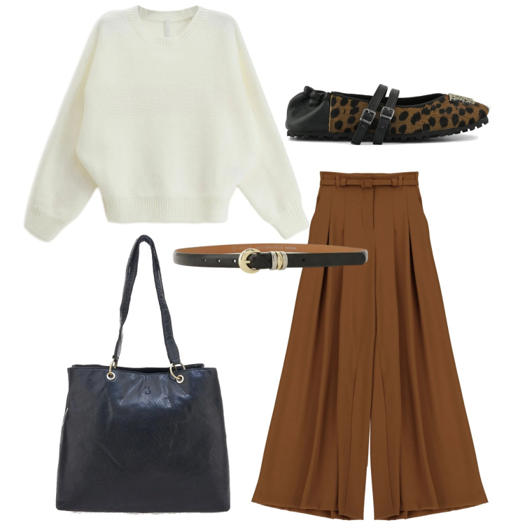 Outfit donna - Total look #2323939. Stile Glamour per Ufficio. Abbinamento con pantaloni a palazzo, cinture, maglieria, ballerine, shopping bag.