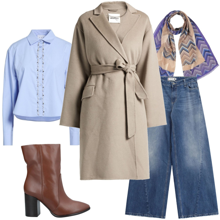 Outfit donna - Total look #2323940. Stile Glamour per Ufficio. Abbinamento con camicie, cappotti, stivaletti, sciarpe, jeans.