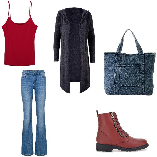 Outfit donna - Effortless. Stile Basic per Tutti i giorni. Abbinamento con jeans bootcut, cardigans, shopping bag, canottiere, anfibi.
