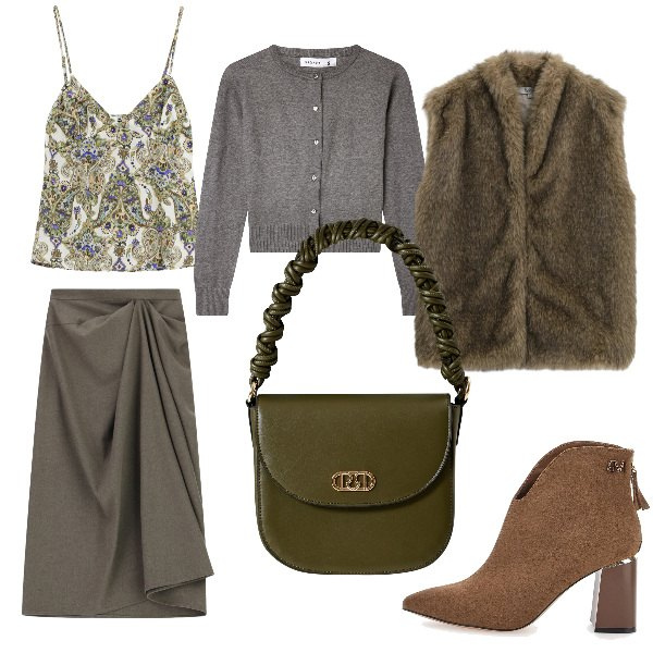 Outfit donna - Total look #2323965. Stile Trendy per Serata fuori. Abbinamento con cardigans, top, blazer, gonne longuette, borse a mano, stivaletti.