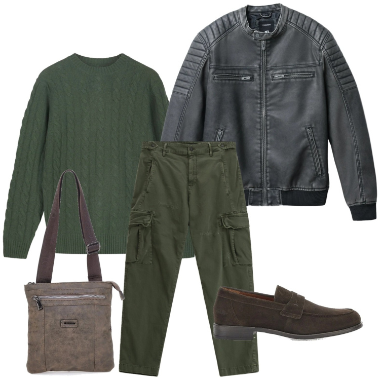 Outfit uomo - Giornata piovosa. Stile Casual per Tutti i giorni. Abbinamento con giacche, pantaloni cargo, scarpe stringate, portafogli, maglieria.