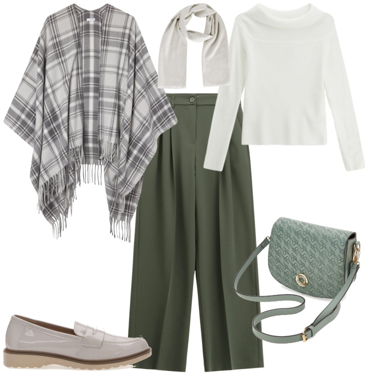 Outfit donna - Casual chic ufficio. Stile Casual chic per Ufficio. Abbinamento con foulard, cappotti, pantaloni a palazzo, maglieria, mocassini, borse a tracolla.