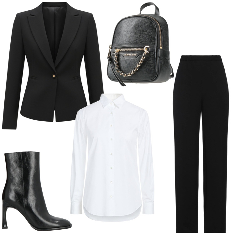 Outfit donna - Grintosa ed elegante in nero. Stile Chic per Tutti i giorni. Abbinamento con pantaloni, zaini, camicie, stivaletti, blazer.