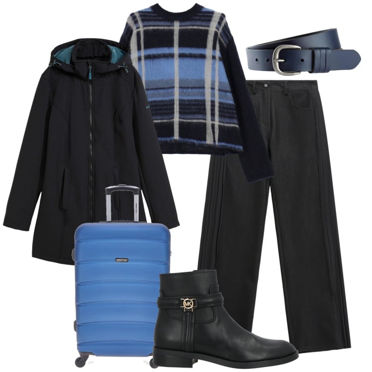 Outfit donna - Total look in viaggio. Stile Casual per Tutti i giorni. Abbinamento con blazer, cinture, stivaletti, jeans, maglieria, valigie.