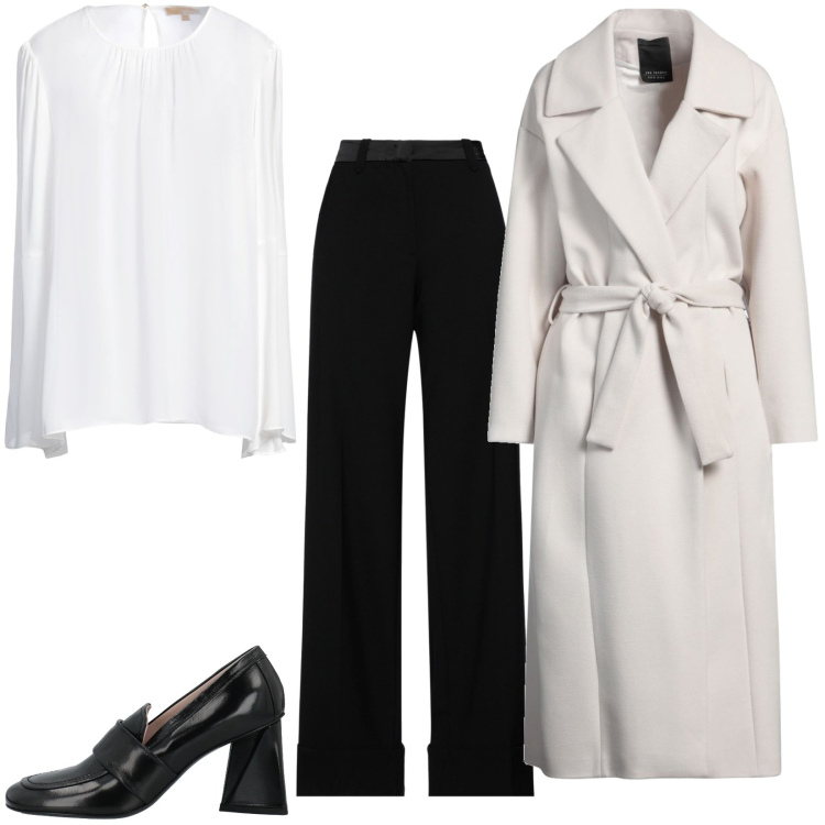 Outfit donna - Total look #2323987. Stile Chic per Ufficio. Abbinamento con top, pantaloni, cappotti, mocassini.