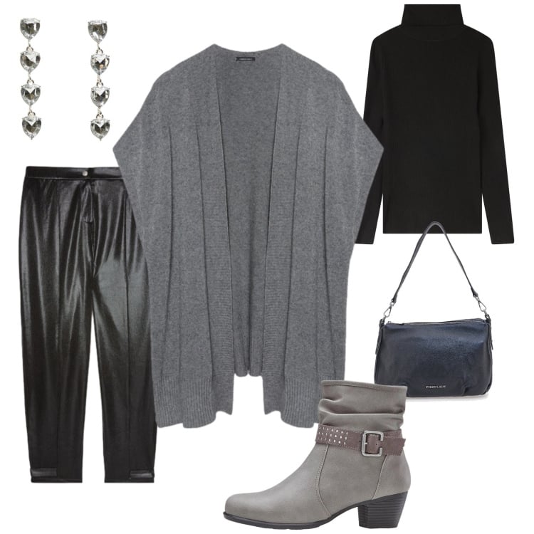 Outfit donna - Cozy Chic in Grigio e Nero. Stile Chic per Tutti i giorni. Abbinamento con stivaletti, maglieria, orecchini, gilet, pantaloni, borse a spalla.