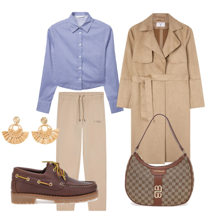 Outfit donna - Urban Preppy. Stile Preppy per Tutti i giorni. Abbinamento con orecchini, trench, camicie, pantaloni, mocassini, borse a spalla.
