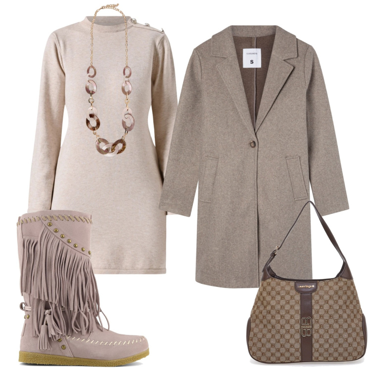 Outfit donna - Total look #2323995. Stile Trendy per Serata fuori. Abbinamento con cappotti, vestiti corti, stivali, collane, borse a spalla.