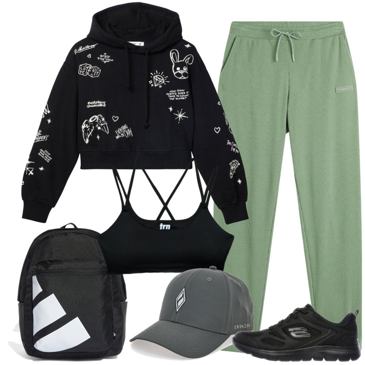 Outfit donna - Total look #2323998. Stile Basic per Sport. Abbinamento con felpe con cappuccio, top sportivi, pantaloni sportivi, sneakers, cappelli con visiera, borse sportive.