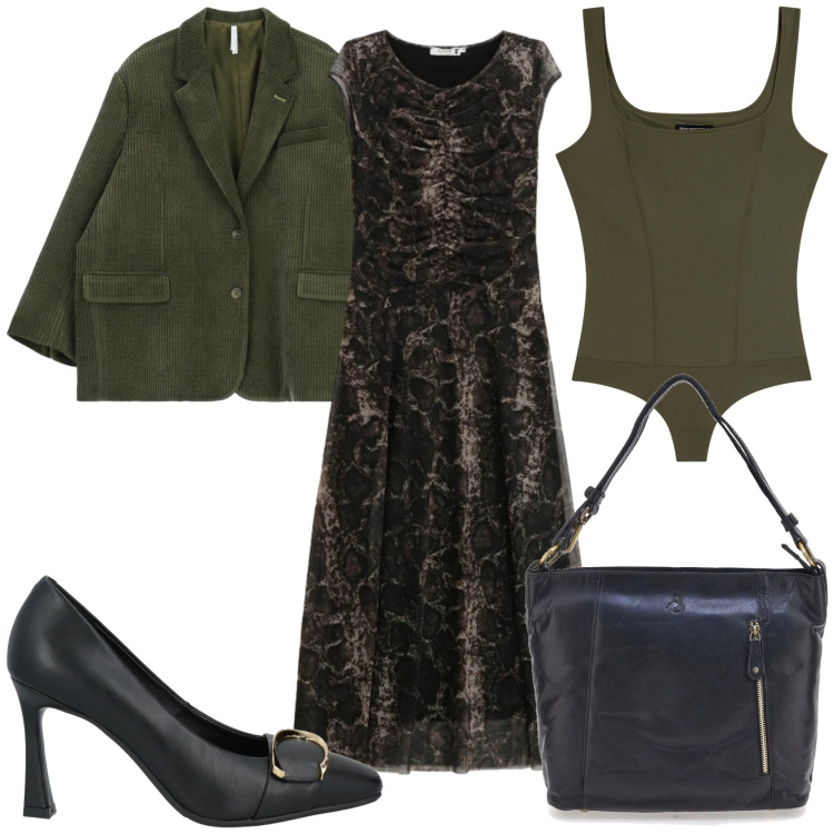 Outfit donna - Abito lungo stampa animalier. Stile Casual chic per Tutti i giorni. Abbinamento con décolleté, vestiti lunghi, blazer, body, borse a spalla.