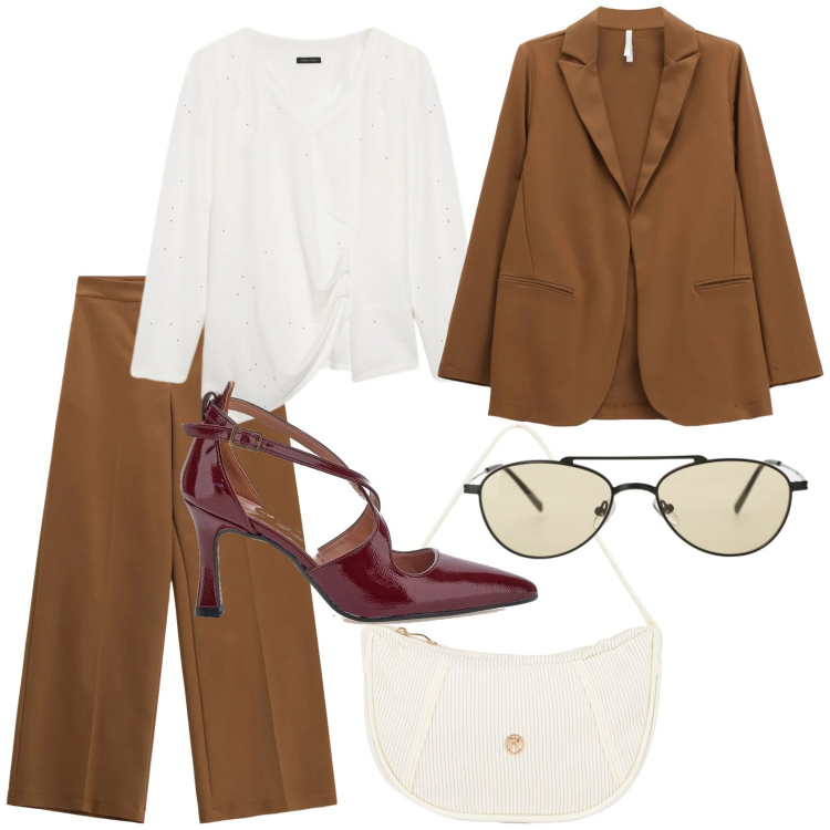 Outfit donna - Atmosfera nordica. Stile Minimal per Tutti i giorni. Abbinamento con blazer, pantaloni a palazzo, occhiali da sole, borse a mano, décolleté, t-shirt.