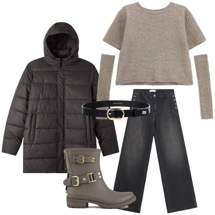 Outfit donna - Atmosfera nordica. Stile Casual per Tutti i giorni. Abbinamento con bomber, jeans, maglieria, cinture, stivali.