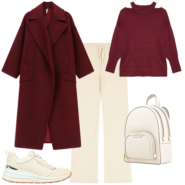 Outfit donna - Sporty chic ogni giorno. Stile Sporty chic per Tutti i giorni. Abbinamento con zaini, pantaloni a palazzo, cappotti, sneakers, maglieria.
