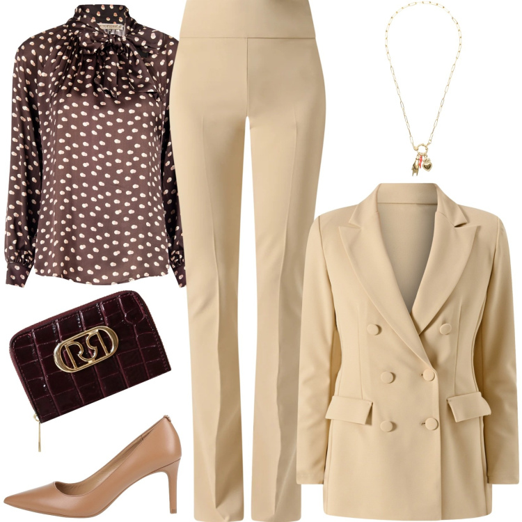 Outfit donna - Pantalone e giacca beige rinascimento. Stile Chic per Tutti i giorni. Abbinamento con décolleté, ciondoli, bluse, portafogli, blazer, pantaloni.