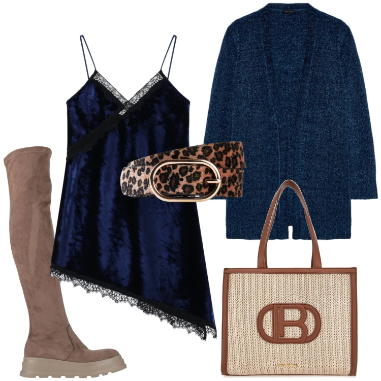 Outfit donna - Gennaio con gli stivali. Stile Minimal per Tutti i giorni. Abbinamento con cinture, stivali sopra il ginocchio, vestiti asimmetrici, borse a spalla, cardigans.