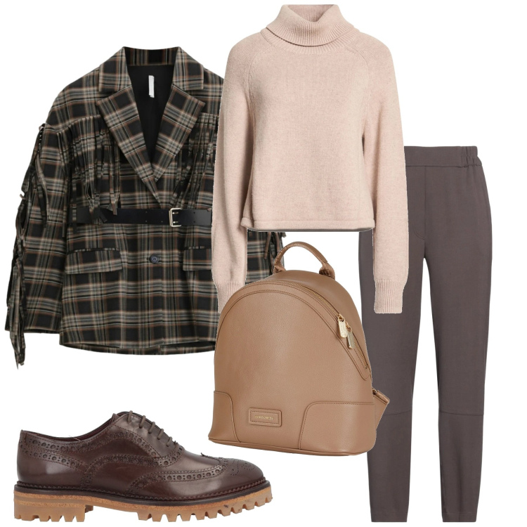 Outfit donna - Total look #2324010. Stile Trendy per Tutti i giorni. Abbinamento con pantaloni, scarpe stringate, zaini, maglieria, blazer.