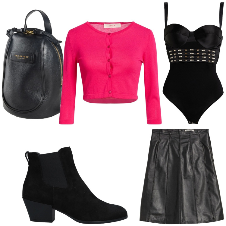 Outfit donna - Cardigan e body. Stile Casual chic per Tutti i giorni. Abbinamento con gonne, cardigans, body, stivaletti chelsea, zaini.