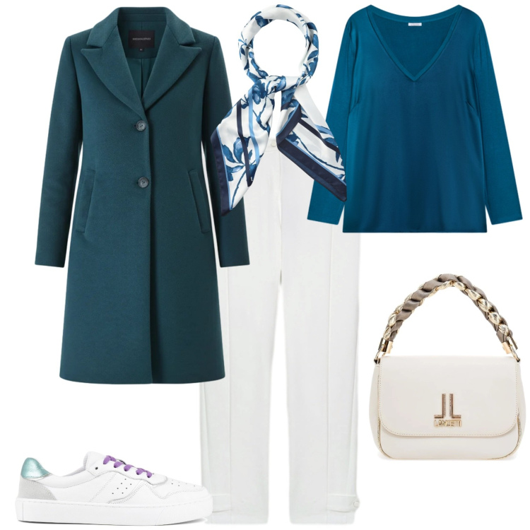 Outfit donna - Sporty chic nuova stagione. Stile Sporty chic per Tutti i giorni. Abbinamento con foulard, cappotti, bluse, pantaloni, sneakers, borse a tracolla.