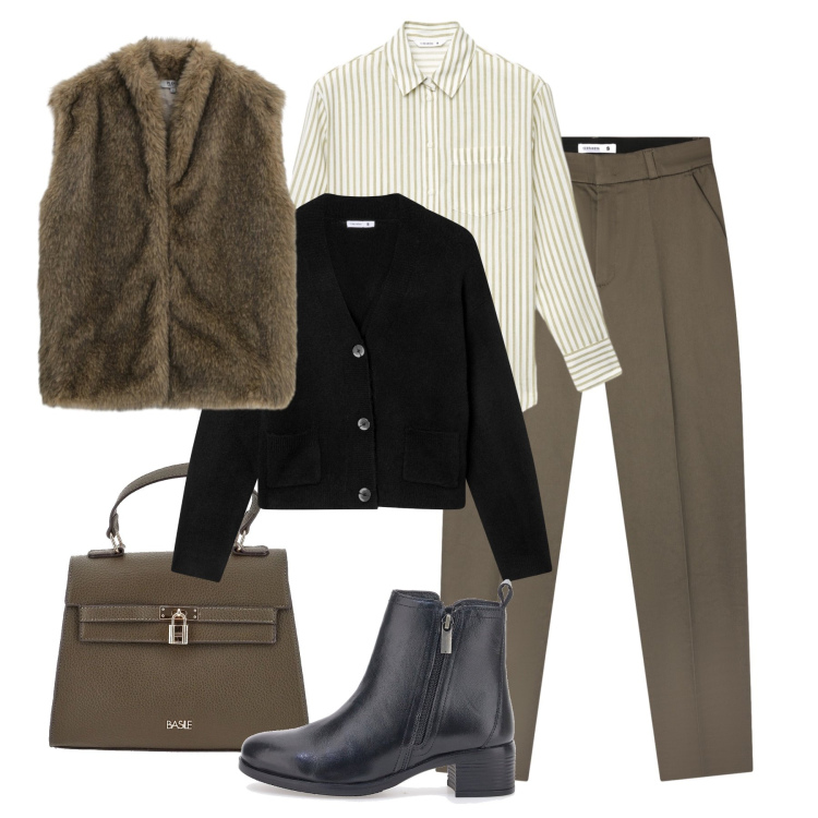 Outfit donna - Stratificata con ecofur. Stile Minimal per Tutti i giorni. Abbinamento con pantaloni chino, cardigans, camicie, blazer, stivaletti, borse a mano.