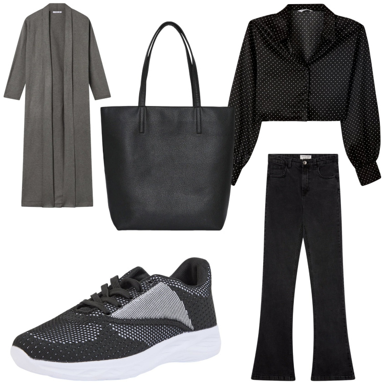Outfit donna - Casual Terranova. Stile Basic per Ufficio. Abbinamento con jeans a zampa, sneakers, camicie, borse tote, cardigans.