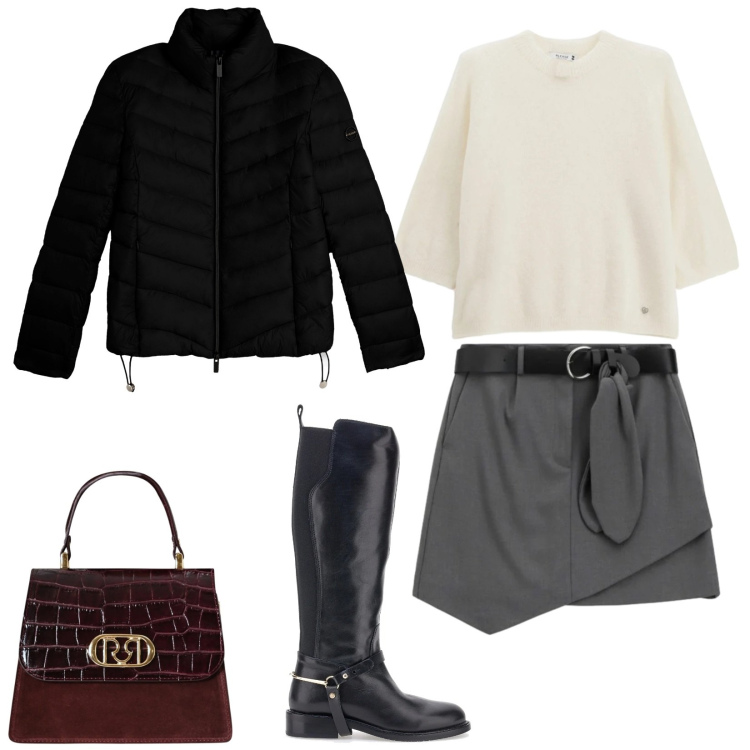 Outfit donna - Eleganza e comodità. Stile Trendy per Serata fuori. Abbinamento con pullovers, minigonne, piumini, borse a mano, stivali.