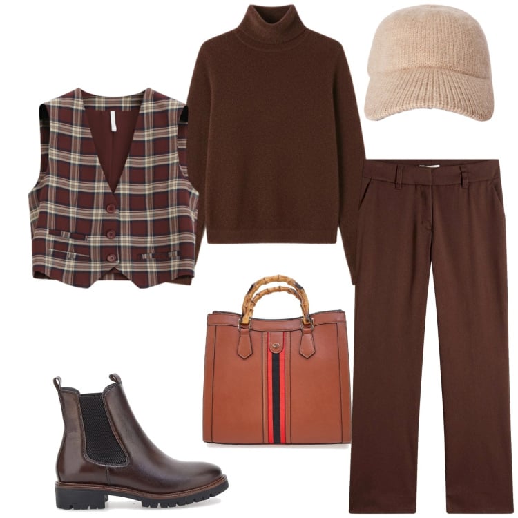 Outfit donna - Total look #2324024. Stile Casual chic per Tutti i giorni. Abbinamento con pantaloni, cappelli con visiera, gilet, pullovers, borse a tracolla, stivaletti chelsea.