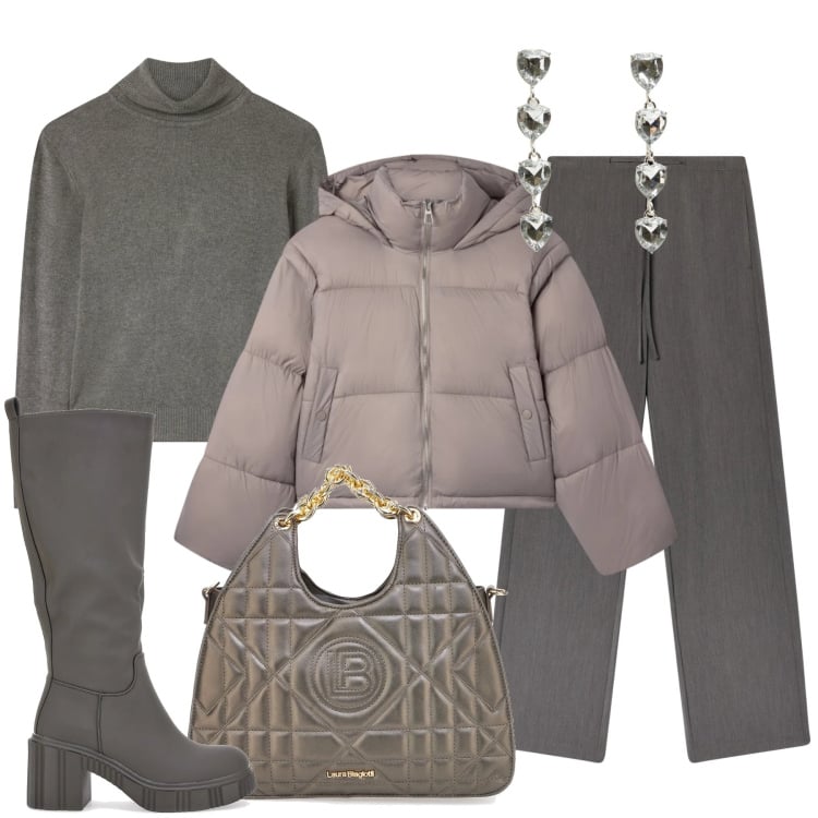 Outfit donna - Toni soft. Stile Basic per Tutti i giorni. Abbinamento con pantaloni, bomber, maglieria, orecchini, stivali, borse a mano.