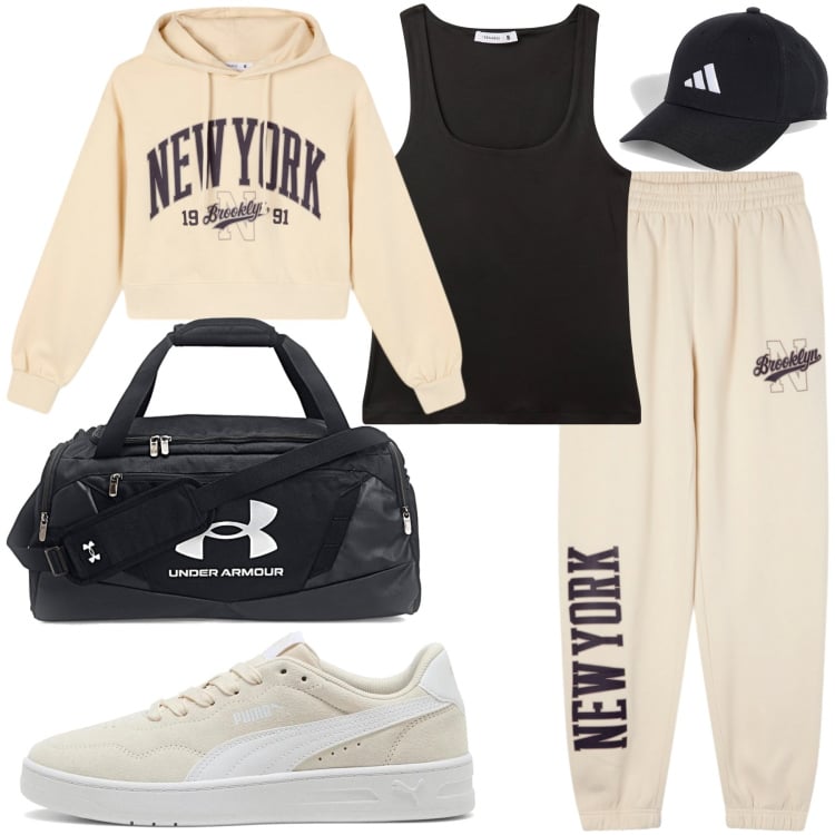Outfit donna - Brooklyn Street Comfort. Stile Urban per Scuola/Università. Abbinamento con pantaloni sportivi, felpe con cappuccio, canottiere, sneakers, cappelli con visiera, zaini.