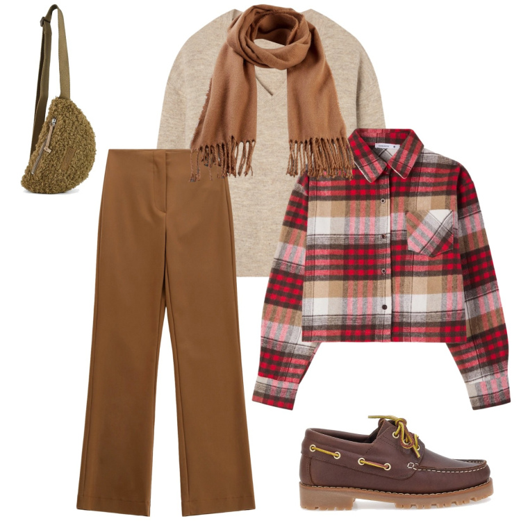 Outfit donna - Total look #2324039. Stile Trendy per Tutti i giorni. Abbinamento con sciarpe, maglieria, camicie, pantaloni, marsupi, mocassini.