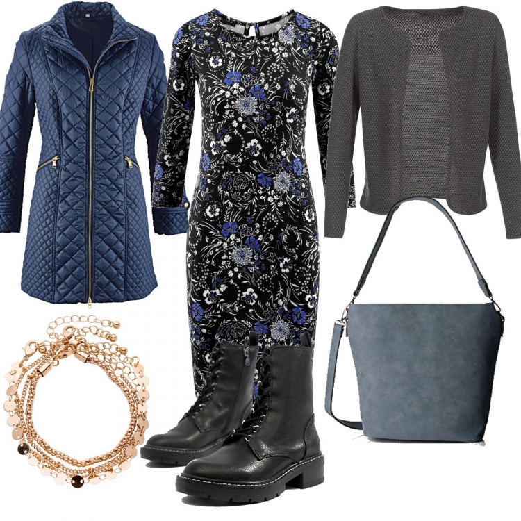 Outfit donna - Anfibi: grazie di esistere!. Stile Urban per Ufficio. Abbinamento con blazer, cavigliere, gilet, vestito a goccia in in maglia aderente nero, scarponcini con stringhe, borsa a spalla grigio.